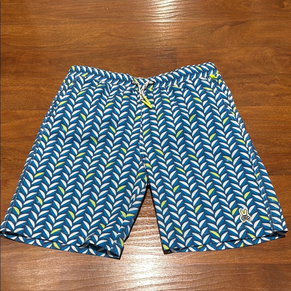 Psycho Bunny Kids Swim Trunks with Blue and Green Pattern - Picture 1 of 8